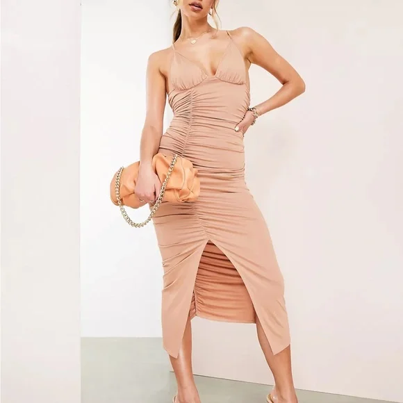 ASOS | Dresses | Asos Design Bra Ruched Midi Dress In Tawny Brown | Poshmark